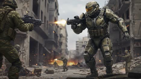 intense battle in a post-apocalyptic cityscape: armored soldiers engage in fierce combat amidst ruins and explosions in an action-packed showdown