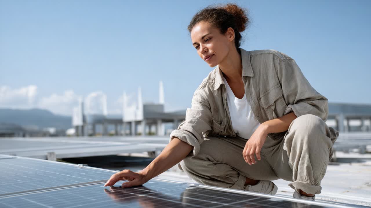 Dedicated professional inspecting solar panels under a clear blue sky, demonstrating commitment to renewable energy and environmental sustainability efforts