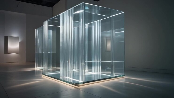 Belyst glasskulpturinstallation i et moderne kunstgalleri