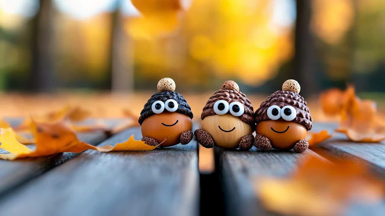 Tres figuras de bellotas con caras en un banco de madera. Tres personajes de bellota artesanales con sombreros y ojos saltones sentados en un banco de madera oscuro con hojas de otoño.
