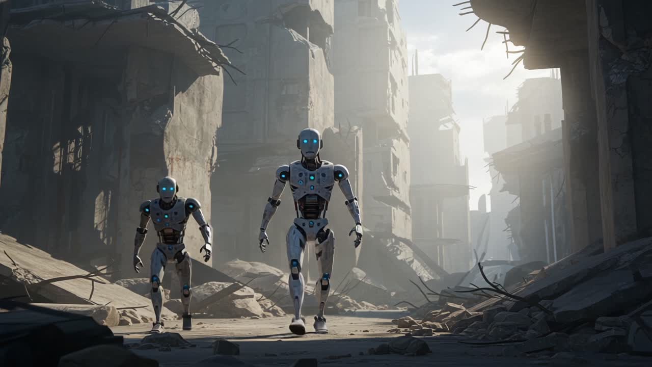 Two Advanced Robots Navigate Through a Post-Apocalyptic Urban Landscape, Showcasing Futuristic Design and Impressive Technology Amidst the Ruins of Civilization