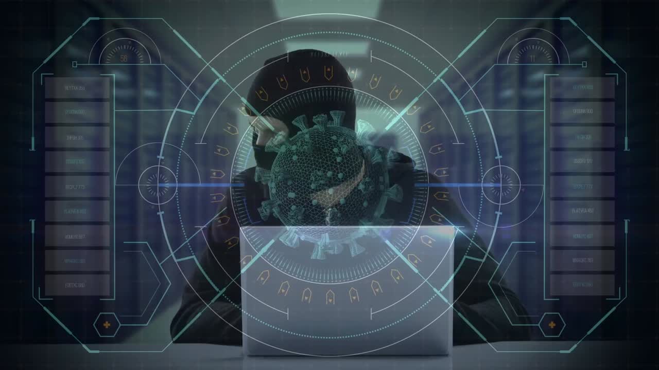 animación de una célula macro coronavirus covid-19 analizada sobre un hacker encapuchado en una sala de datos