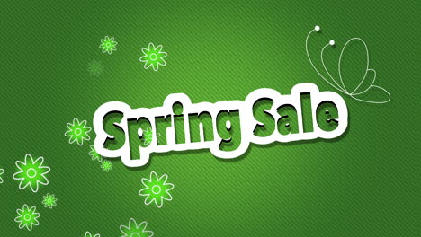 spring sale with flying shiny flowers and butterfly on green gradient