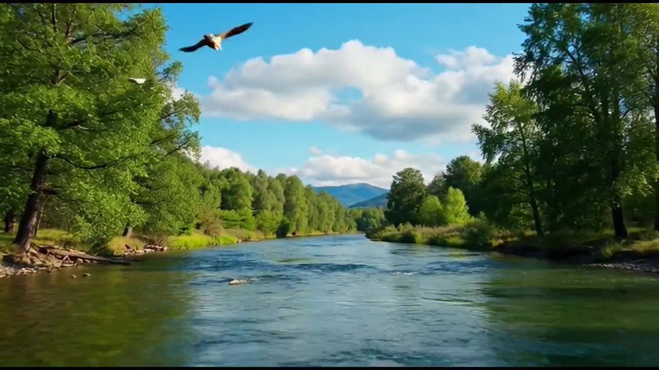 Birds Flying Over a Scenic River Surrounded by Lush Green Forest