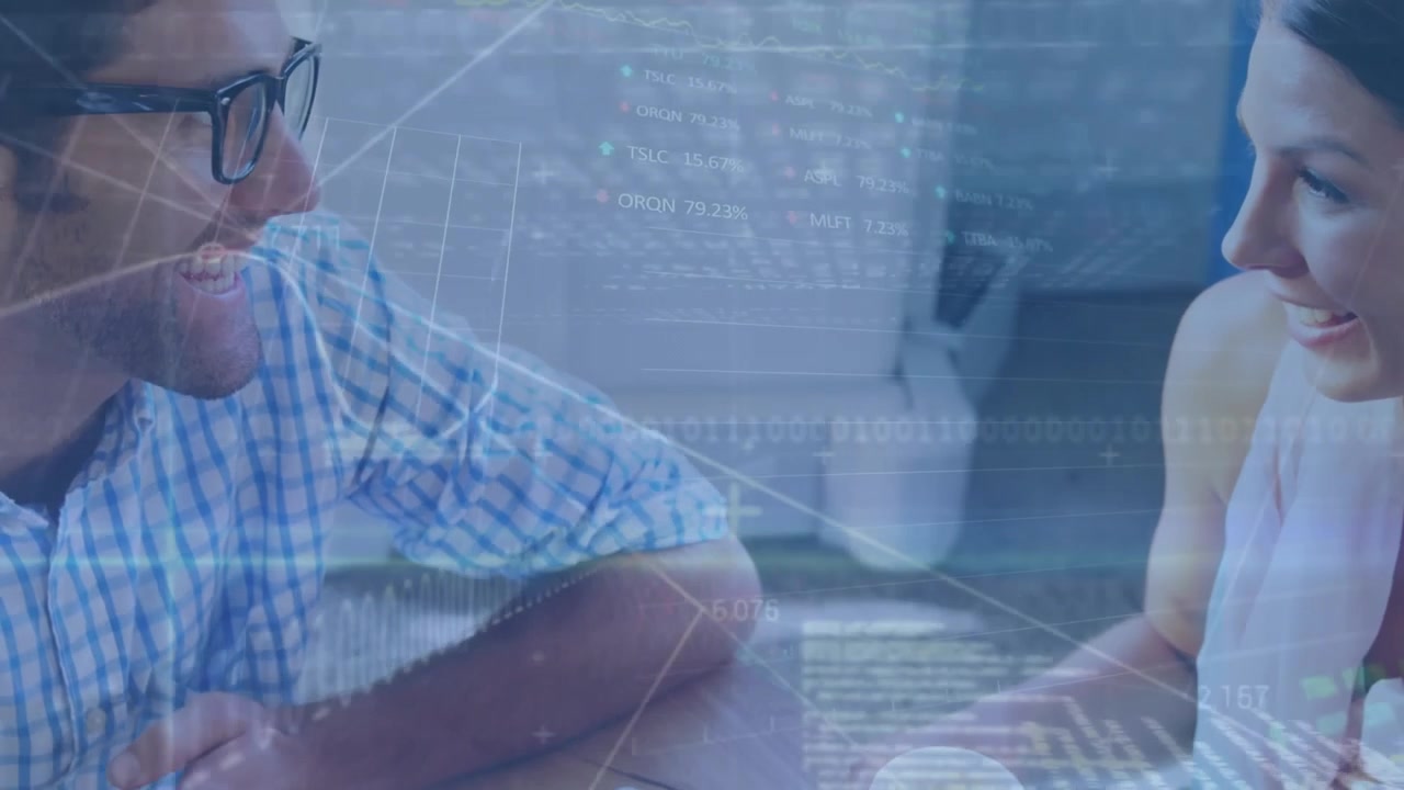 Animation of connected dots, binary codes, trading boards, caucasian couple talking in cafes