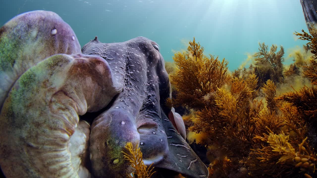 Jättesephia Sepia apama migration i Whyalla, South Australia. 4K slow motion, parning, äggläggning, strider, ansamling, under vatten.