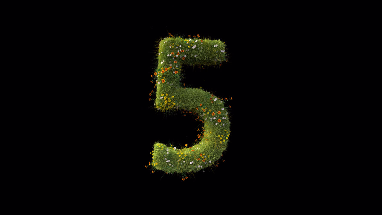 Number Five Growing from Green Grass and Flowers