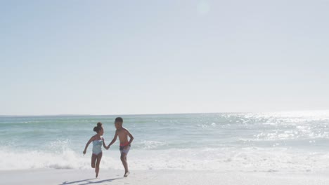 Lächelnde-Afroamerikanische-Geschwister-Laufen-Und-Tragen-Badeanzüge-Am-Sonnigen-Strand