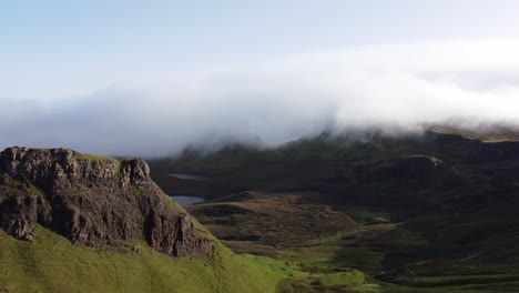 Panoramic-Cloudy-landscape-of-natural-The-Quiraing-Isle-of-Skye-Scotland-travel-environment,-stone-mountain-scenic-geological-formation-area