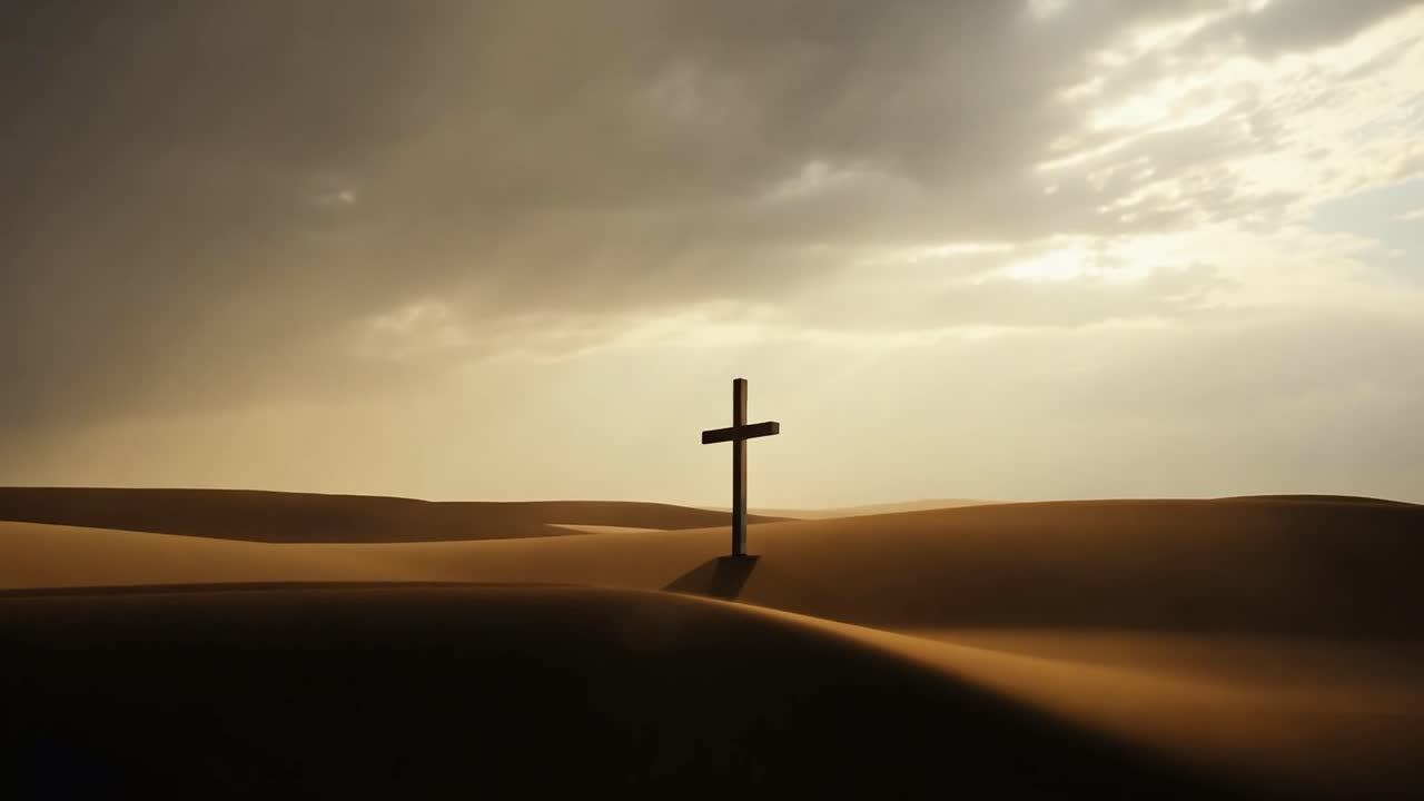 십자가는 점진적으로 어두운 배경에서 나타납니다. 어두운 모래 언덕의 풍경과 맞아 있습니다.