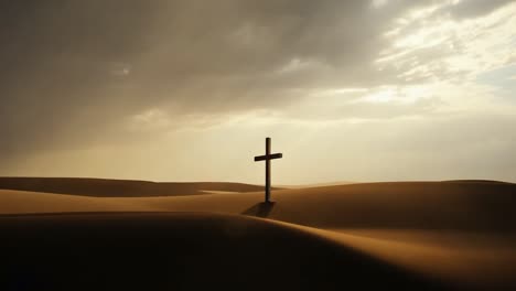 cross gradually emerges from a dark background, set against a serene sand dune landscape at dusk