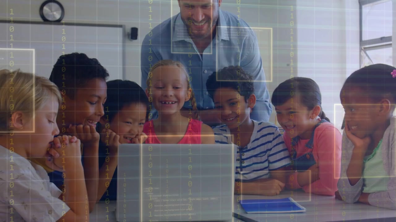 Students around laptop, smiling as laptop playing clip, teacher leaning, UI overlays guiding lesson