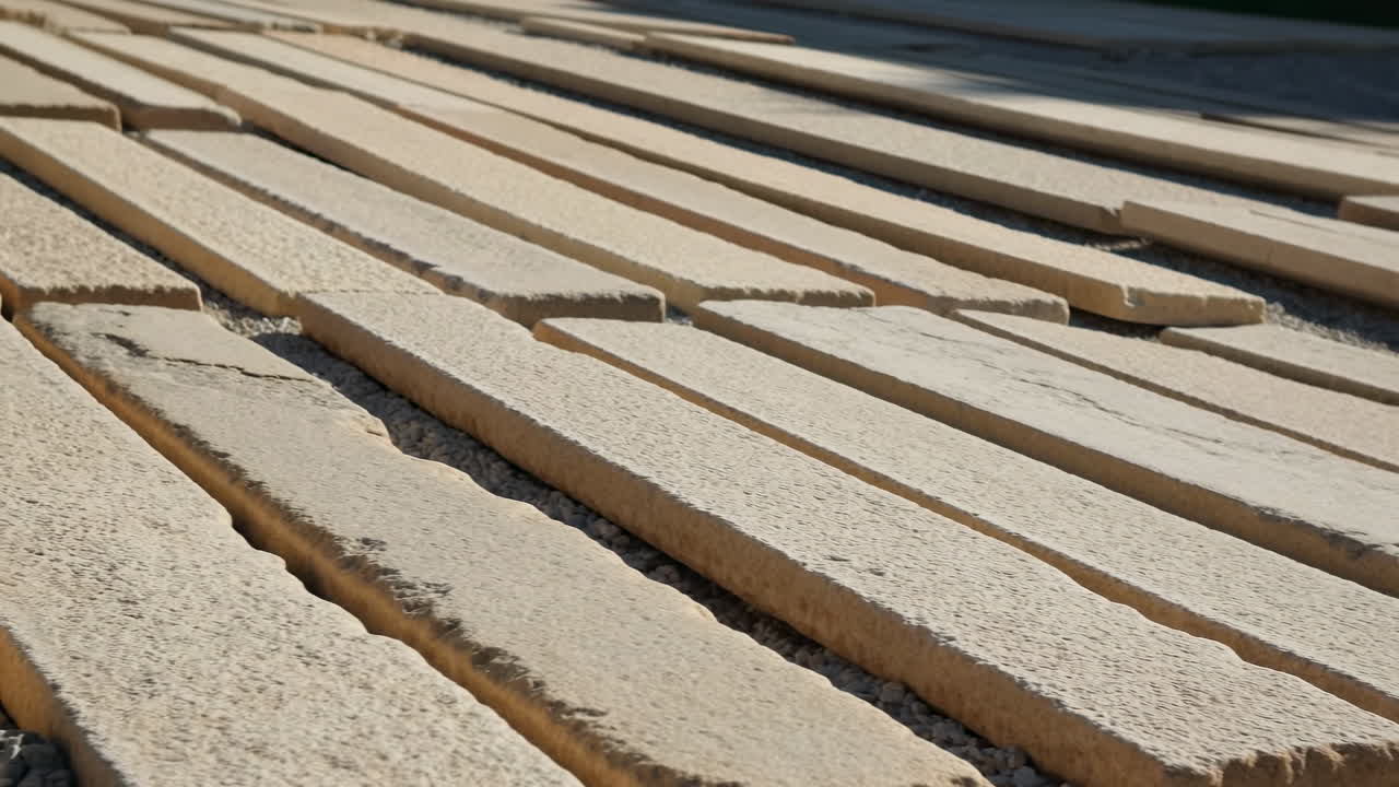 Sunlit Sandstone Slabs Closeup Showing Texture And Linear Pattern, Outdoor Quarry Yard With Repetitive Rows