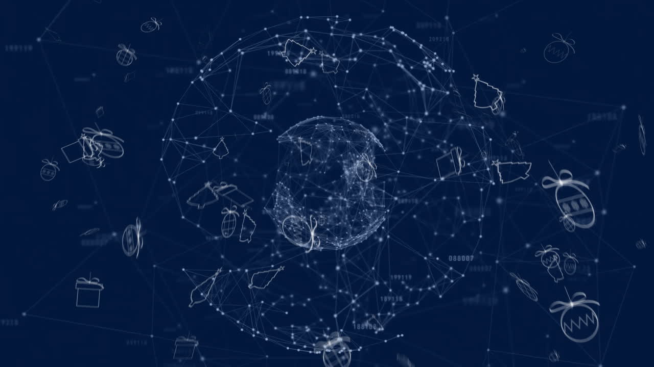 Digital network of connections and data processing over abstract globe animation