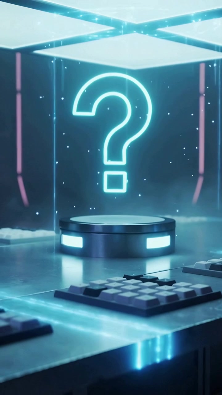 Video verticale: Pannello luminoso superiore che emette un punto interrogativo ciano pulsante sopra un supporto metallico, con i tasti che si appannano.