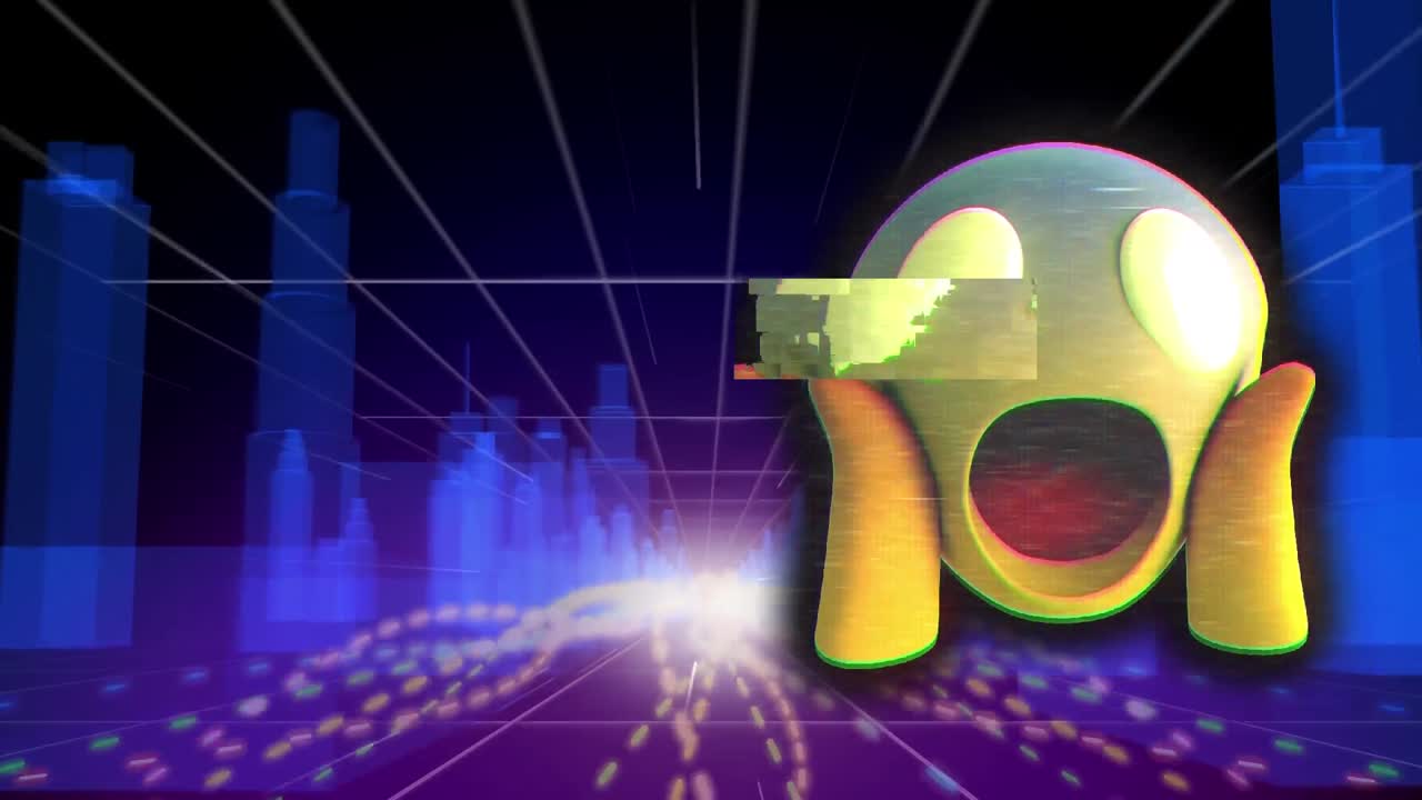 메타버스 도시 배경에서 빠르게 움직이는 선 위에 무서운 이모티콘의 애니메이션