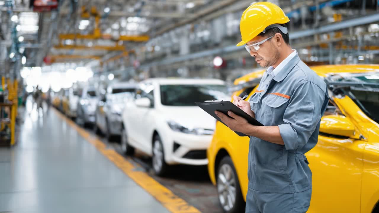 An industrial worker in safety gear meticulously examines a clipboard in an expansive automobile manufacturing facility surrounded by rows of vehicles awaiting production