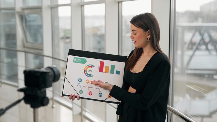 Giovane ragazza alla moda che registra con una videocamera una presentazione su diapositive con infografiche.