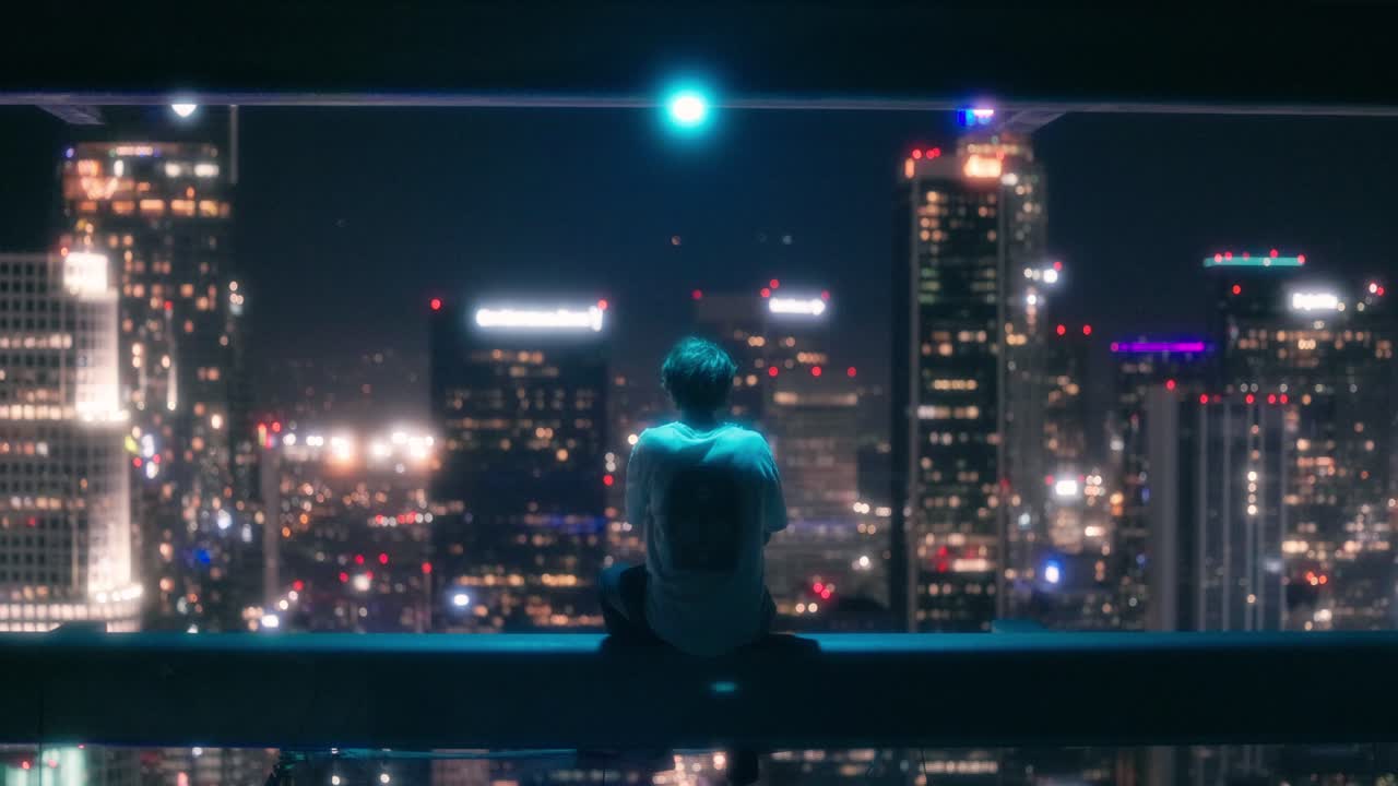 Giovane adulto seduto sul bordo di un grattacielo usa la sua fotocamera per riprendere il centro di Los Angeles-2