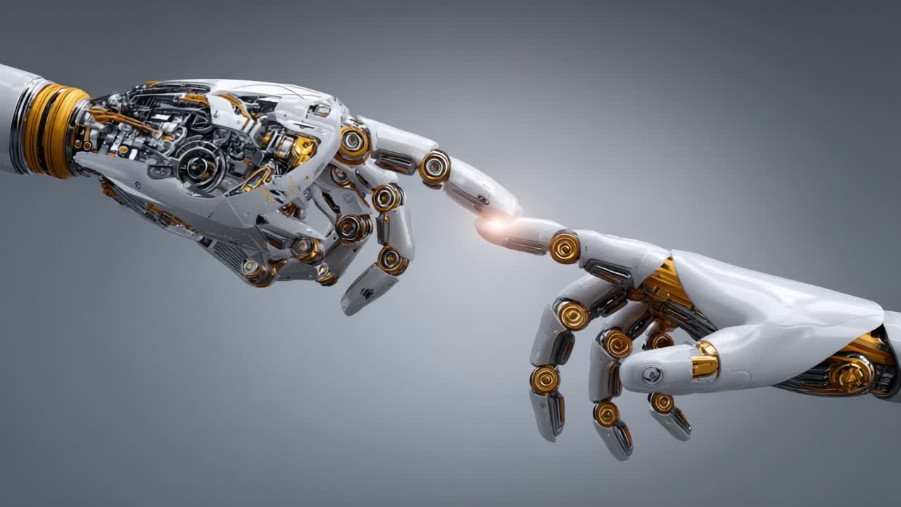 A Hypothetical Intersection of Human and Machine: A Futuristic Depiction of Robotic Hands Reaching Out to Connect, Symbolizing the Union of Technology and Humanity