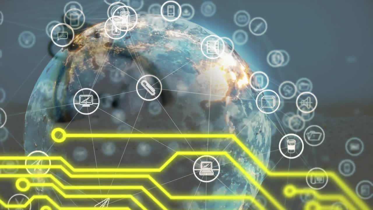 animación de líneas amarillas y red de conexiones con iconos durante el reloj