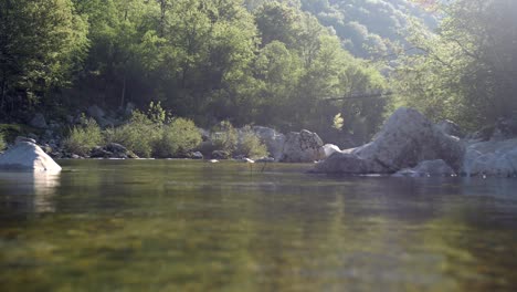 calming wide shot of peaceful river on sunny morning in early spring