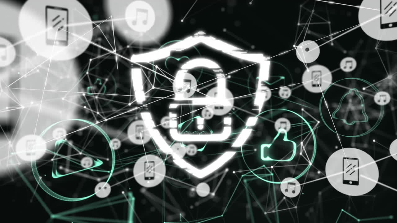 animación de la red de conexiones con iconos sobre el escudo digital