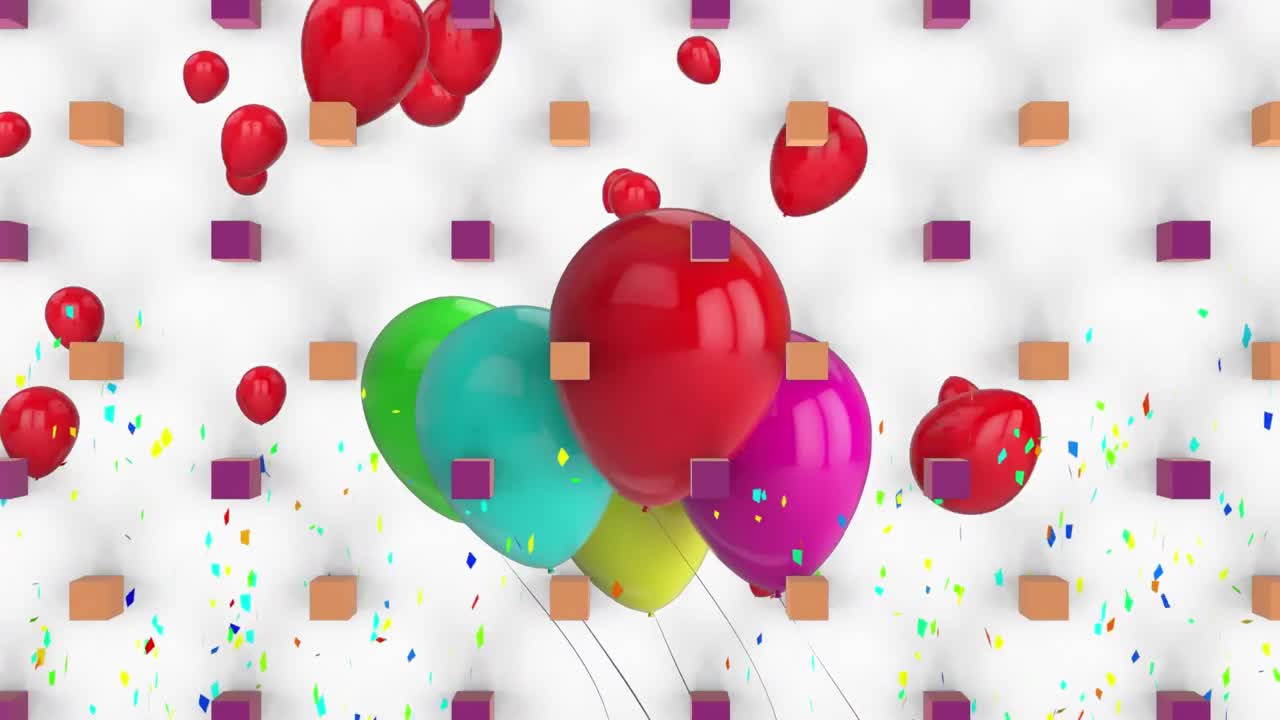 animación de globos voladores de colores y confeti sobre un fondo blanco