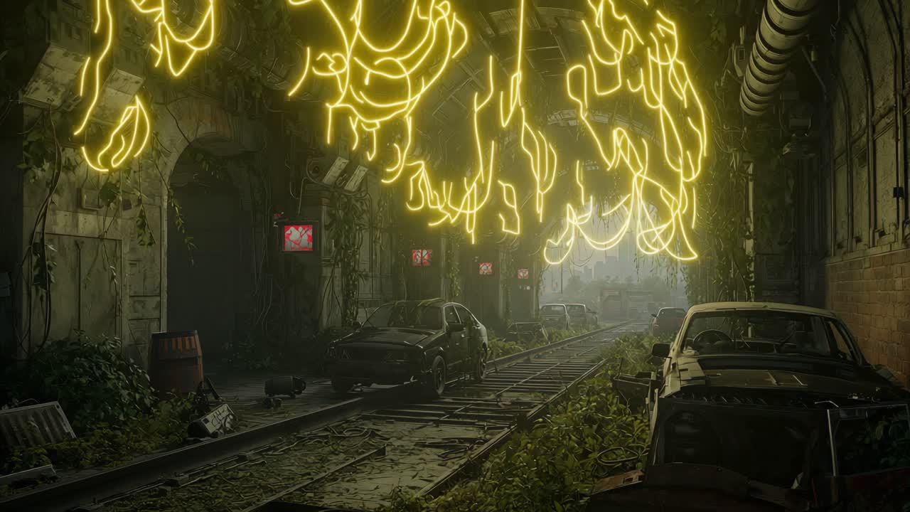 Urban Decay: Abandoned Tunnel with Overgrown Vegetation and Neon Lights