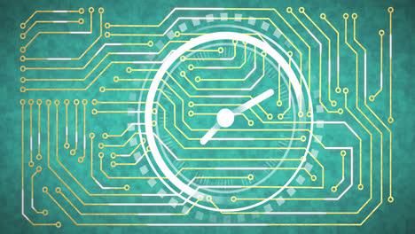 Animation-of-computer-circuit-board-over-clock-on-green-background