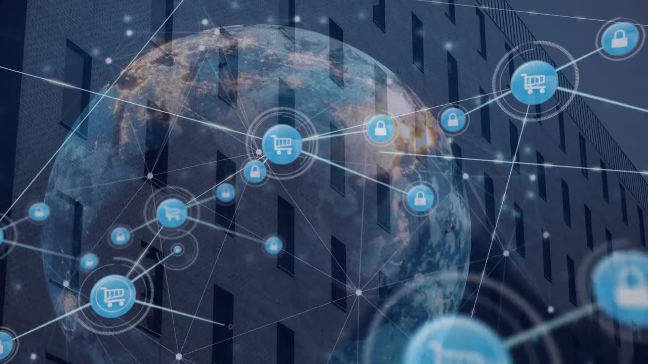 анимация соединенных икон и точек по всему миру на фоне здания