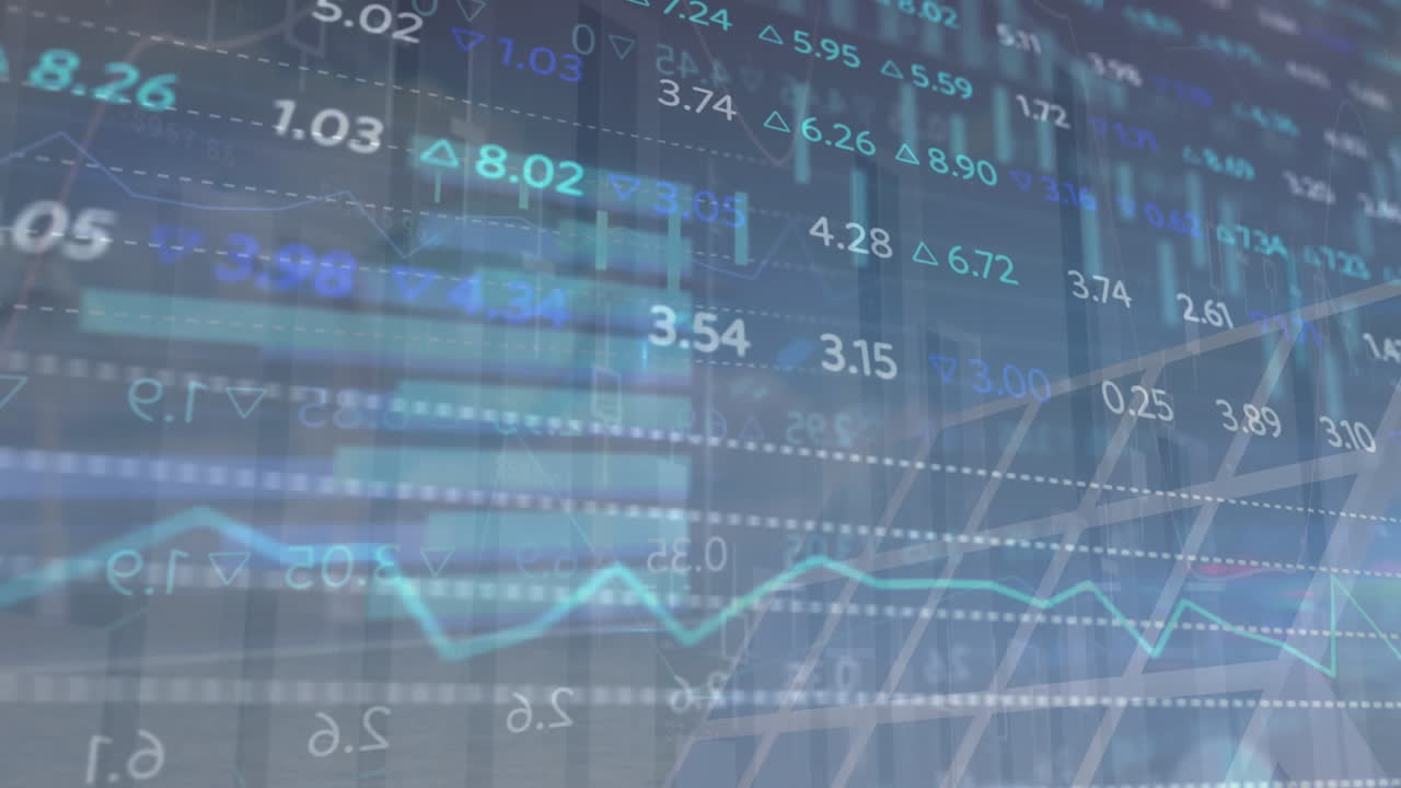 Animation of trading board with changing numbers and graphs over solar panels