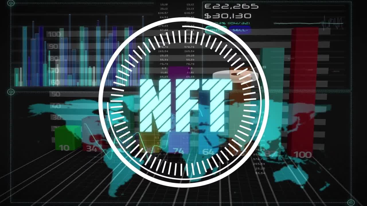 animación del mapa del mundo y el texto de nft sobre el procesamiento de datos