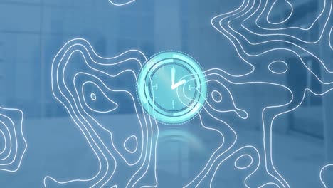 Animation-Einer-Bewegten-Uhr-Und-Isohypsen-Auf-Blauem-Hintergrund