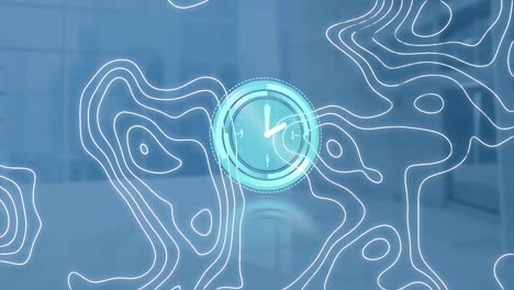 animation of moving clock and isohypses over blue background