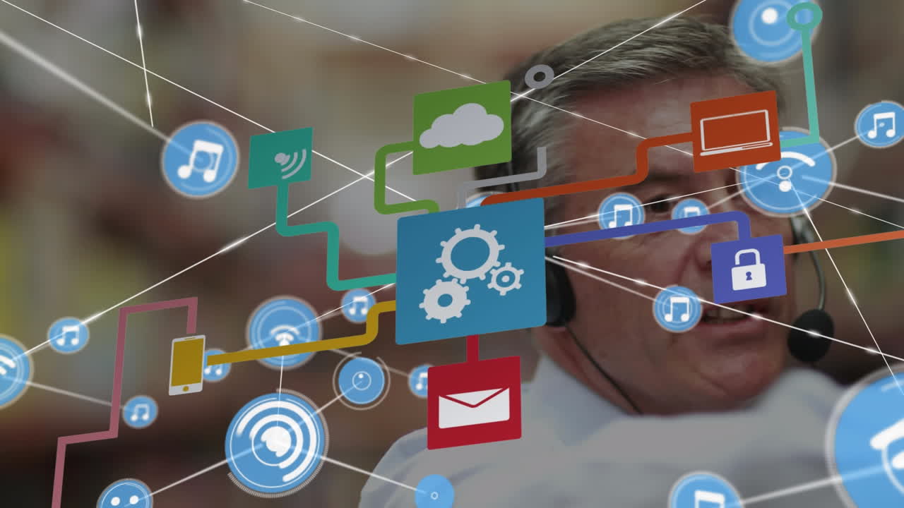 diagrama de flujo de iconos de animación, iconos conectados, hombre caucásico dando una presentación con auriculares