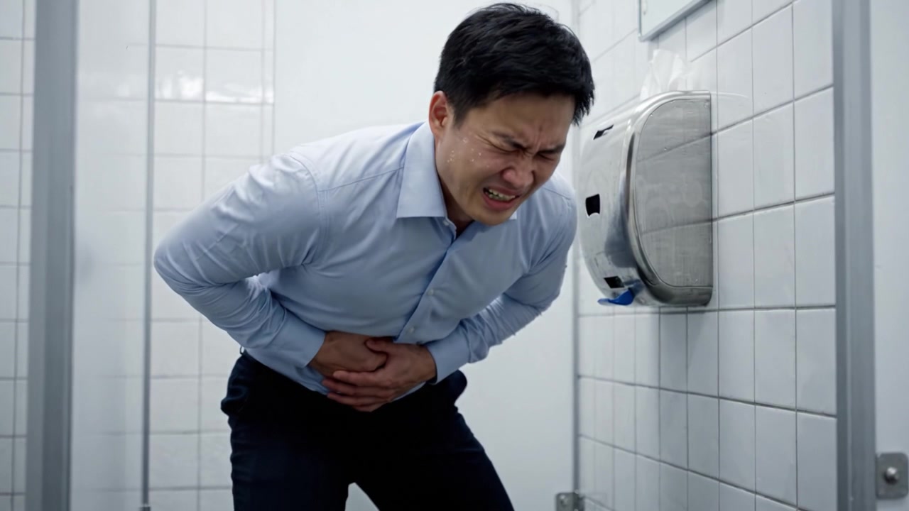 A Distressed Individual in a Bathroom Struggles with Abdominal Pain, Displaying Clear Discomfort and Unease in a Confined Space