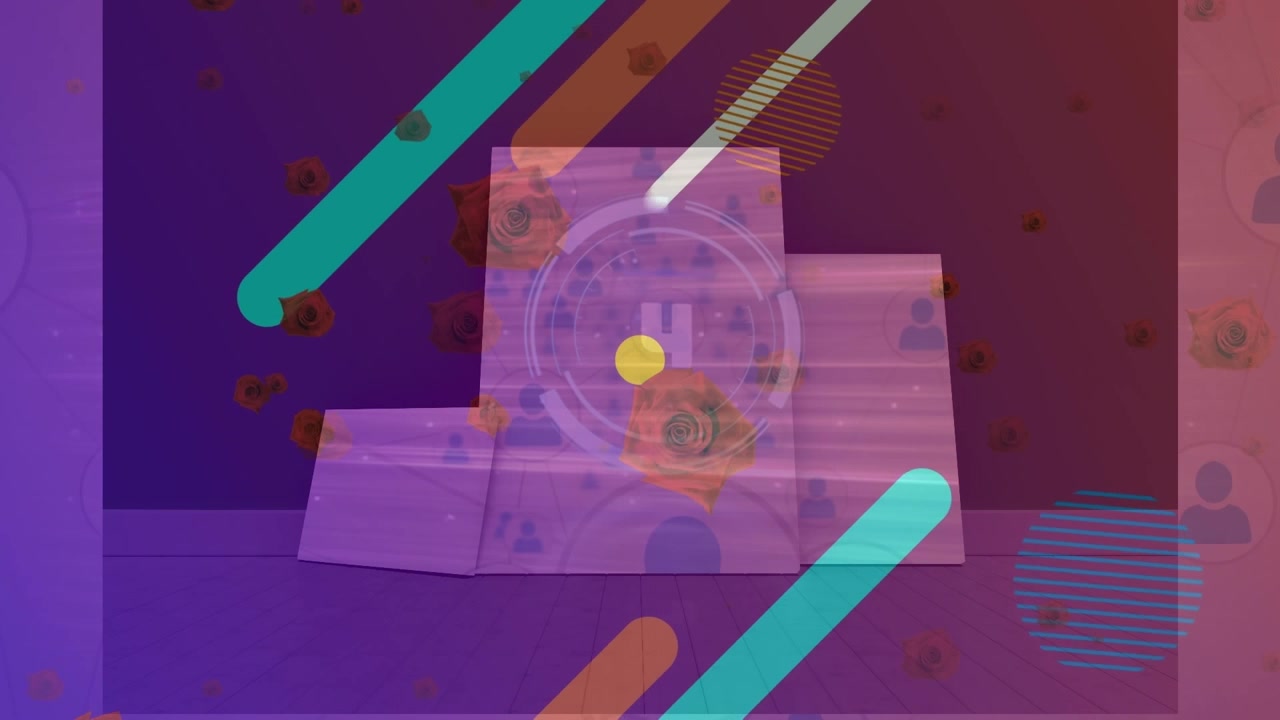 Animation of countdown over round scanner against rose flower icons and network of profile icons