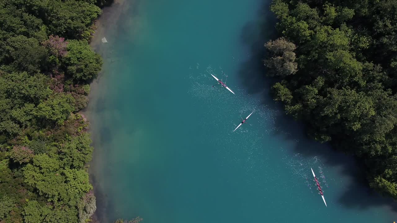 Aerial view above canoe, kayak rowers navigating woodland lake waters, training - cruising river