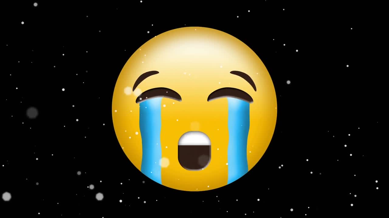 Animation of sad emoji icon over falling white spots on black background