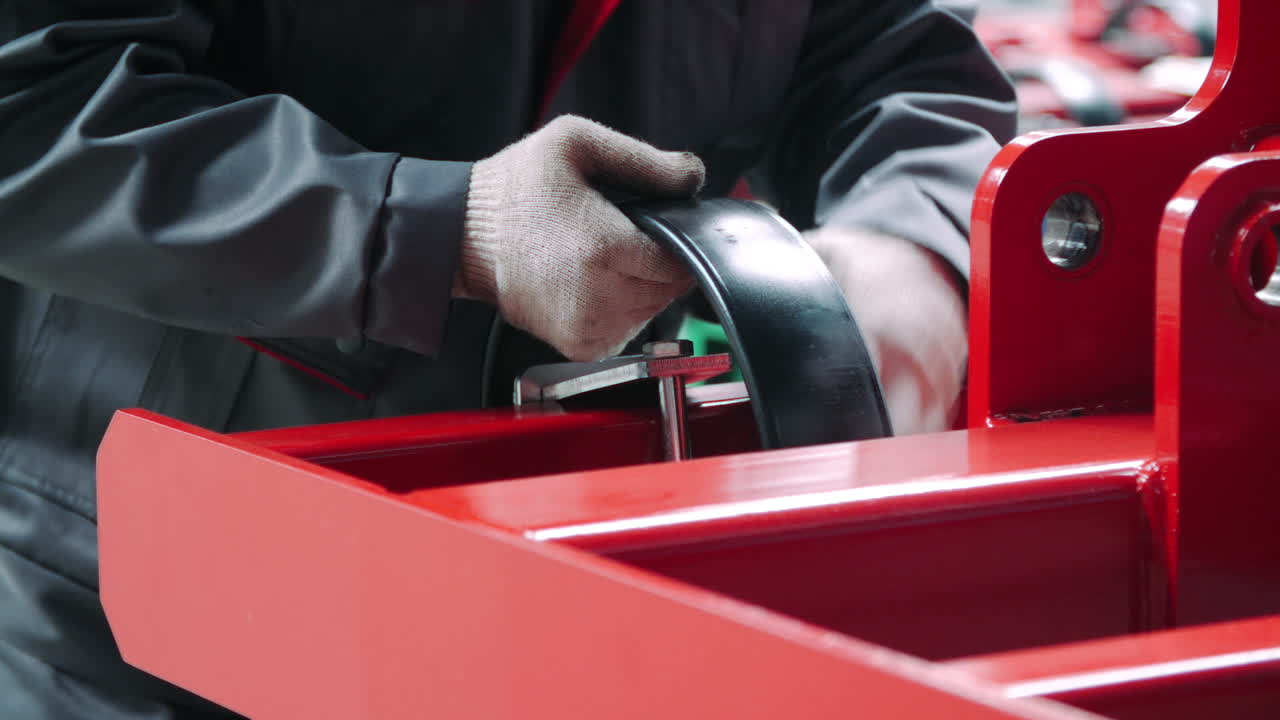 Worker making manual assembly on agricultural machinery production line
