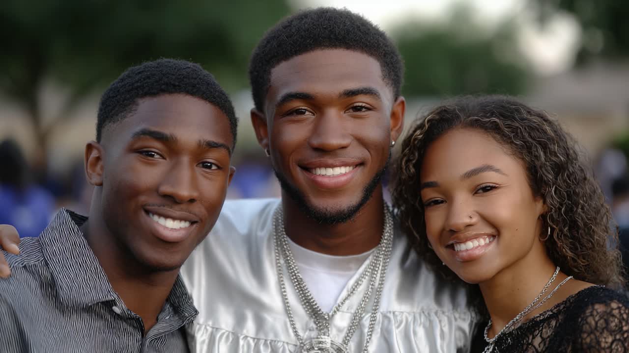 A joyful celebration of friendship and success, showcasing three young adults beaming with pride in a delightful outdoor setting filled with laughter and warmth