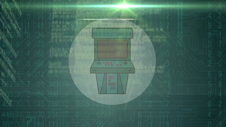 Animation of video game icon, binary coding, data processing over glowing computer circuit board