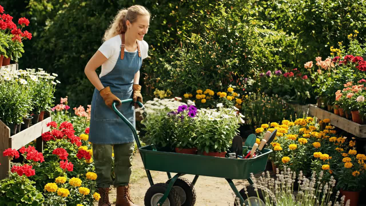 Gardening Woman with Wheelbarrow and Flowers