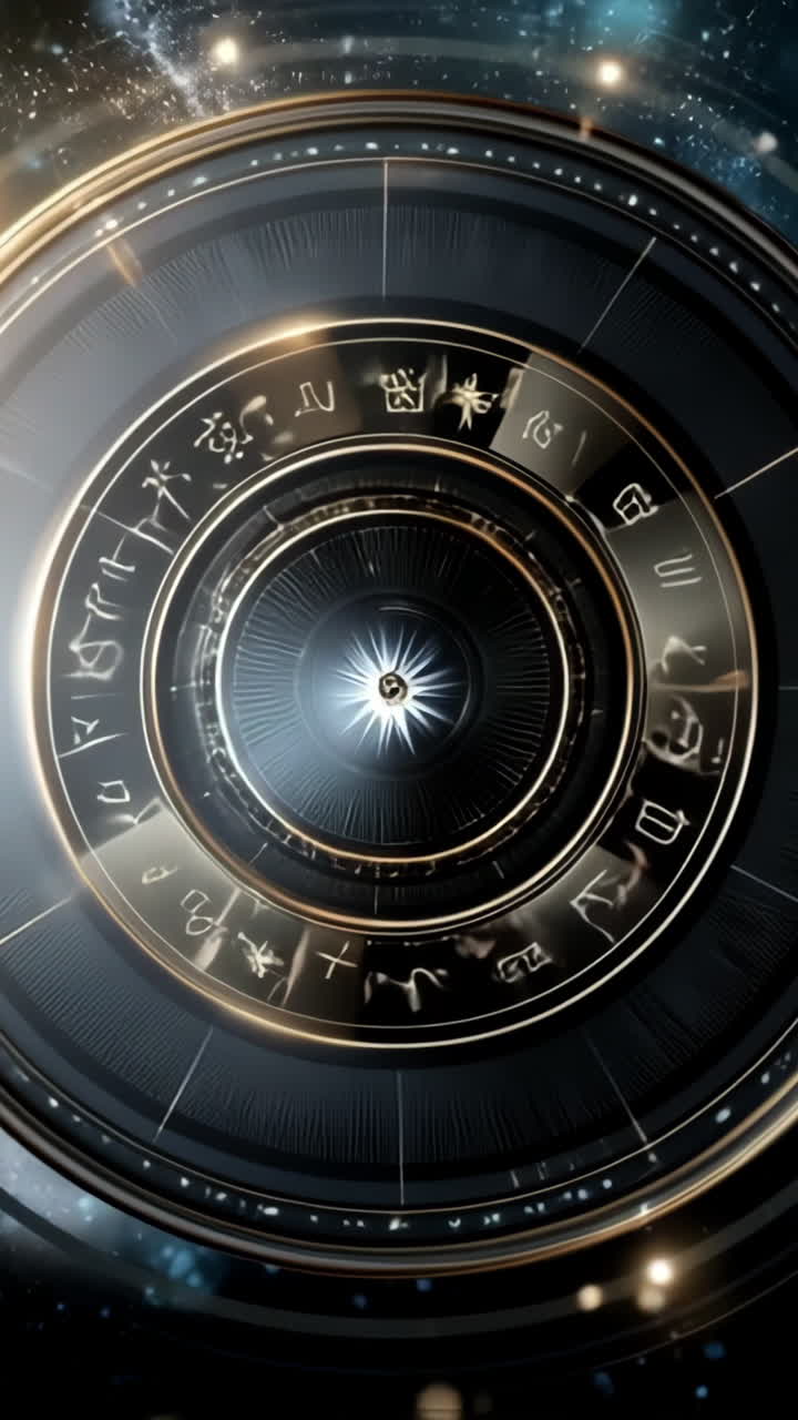 Astrological symbols shining wheel. A vivid cosmic wheel with astrological symbols lights up the dark space, creating a mystical atmosphere.
