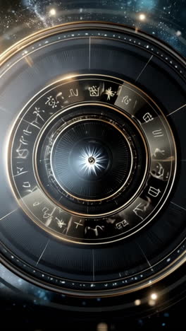 astrological symbols shining wheel. a vivid cosmic wheel with astrological symbols lights up the dark space, creating a mystical atmosphere.