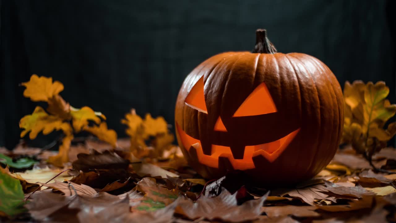 halloween tallando calabaza en una hoja. linterna brillante. cinemagraph en bucle. imagen fija, luz en movimiento