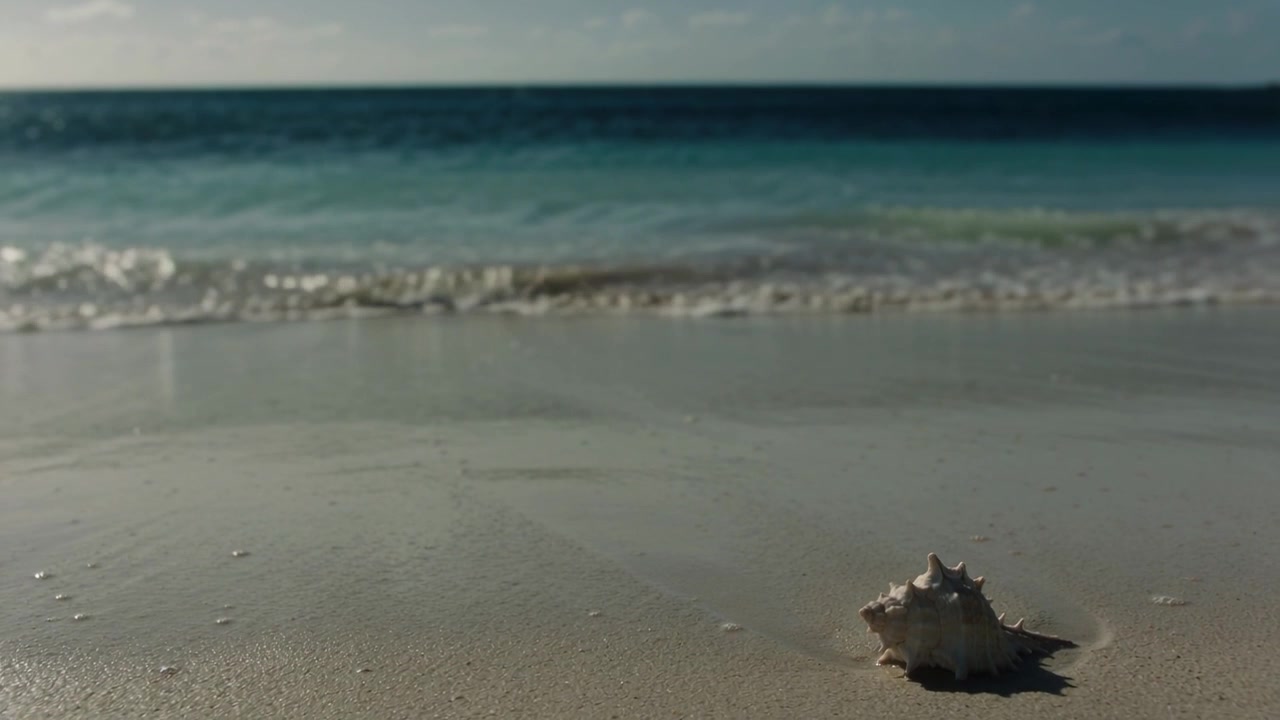 Washing low wave advancing from sea, wetting damp sand by spiky conch-shell on shore, copy space