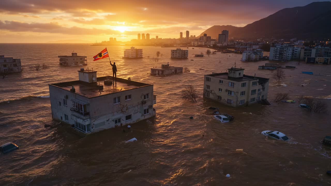 A solemn figure stands atop a submerged building, proudly holding a flag against the backdrop of a dramatically flooded city at sunset, illustrating the impact of climate change and natural disasters