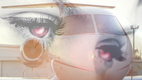 ojos con pupilas rojas animación sobre jet privado en la pista